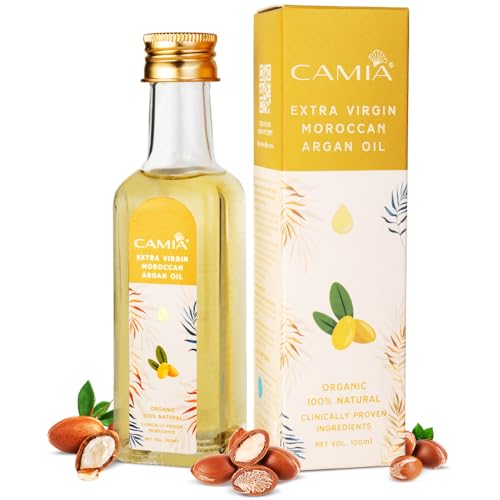 Image of CAMIA - Organic Moroccan Argan Oil for Skin & Hair | Premium Extra Virgin Cold Pressed Oil, 100% Natural | Argan Oil Improves Skin & Hair Elasticity & Provides Intense Hydration | 100 ML Glass Bottle