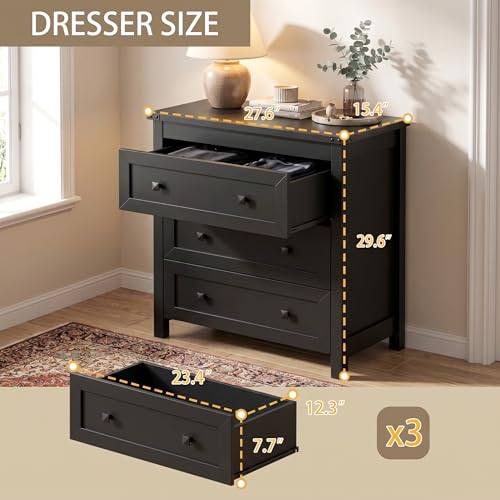 Image of BORNOON 3-Drawer Dresser, Small Wooden Chest of Drawers with Metal Knobs, Water-Resistant Top, Storage Organizer with Anti-Tip Kit for Bedroom, Nursery, Living Room