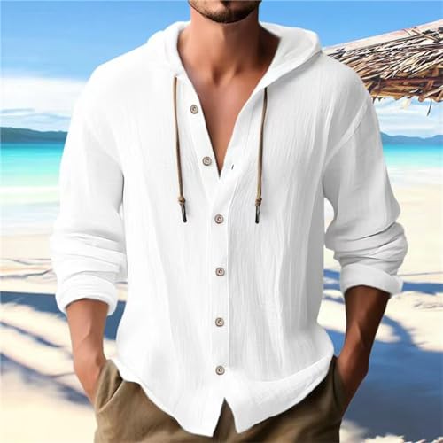 Cotton Linen Hoodies for Men 2024 Fashion Long Sleeve Drawstring Hooded Sweatshirts Button Down Shirt Casual Pullover2