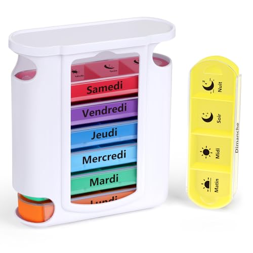 Opret Pilulier Semainier Français (Matin, Midi, Soir et Nuit) - Empilables Tour à Médicaments 7 Jours 28 Compartiments 4 Fois, pour Vitamines Suppléments...