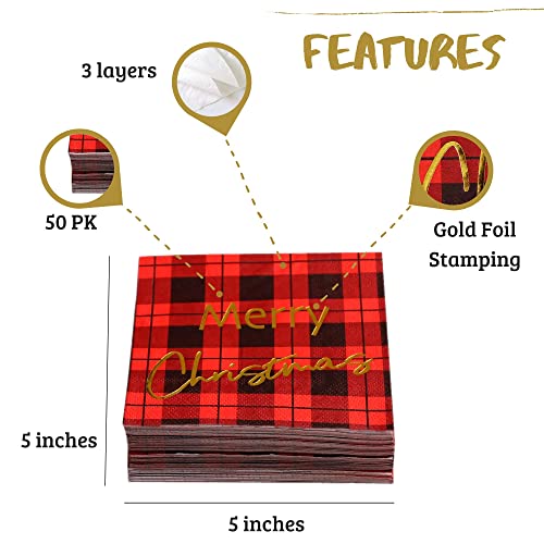Buffalo Plaid Christmas Napkins Paper - 50 Pk - Gold 3-Ply Christmas Cocktail Napkins 5X5 Inches Party Napkins Disposable Beverage Napkins For Christimas Decorations Christmas Table Décor #TOP1