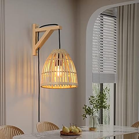 Zompoo Plug in Bamboo Wall Sconces, Industrial Hand-Woven Rattan Lampshade Hanging Wall Lamp with Wood Base, Farmhouse Rustic Wall Mounted Light Decoration for Kitchen Island, Living Room, Bedroom Cover