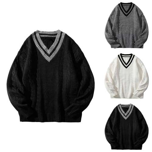 Mens Casual Sweater V Neck Color Block Long Sleeve Knitted Pullover Tops Loose Lightweight Warm Outdoor Sport Outwear3