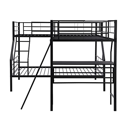 Metal Triple Bunk Beds with Desk, Twin Over Full Bunk Bed Attached Twin Loft Bed, L-Shape Triple Beds Frame with Ladders and Guardrails, Safe Design for Kids Teens Adults