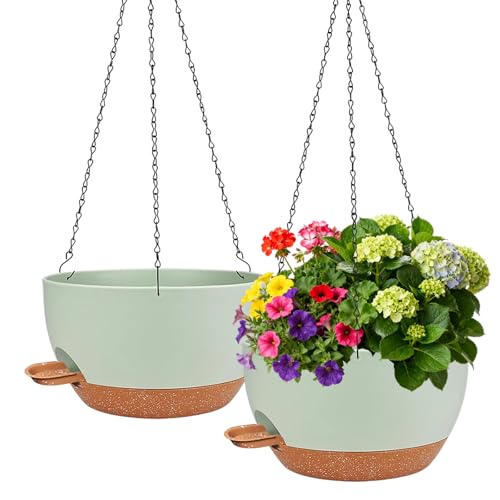 CNLBO 2 Pack Hanging Planters for Indoor Outdoor Plants, 12 Inch Self Watering Hanging Pot with Drainage Holes and Saucer, Plastic Plant Pots, Green Brown Flower Pots for Kitchen, Balcony, Garden