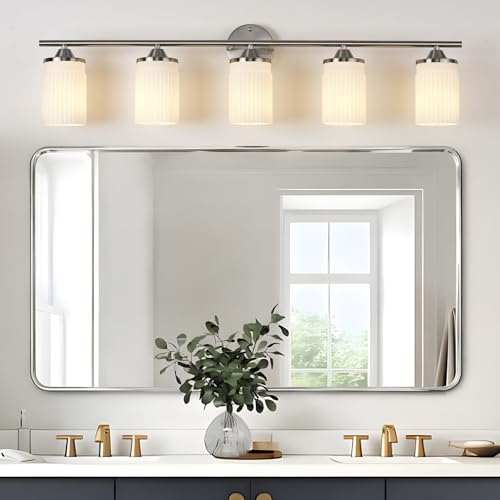 Image of Jonsi Nickel Bathroom Light Fixtures 5-Light Vanity Lights Modern Wall Sconce with Milk White Shade Brushed Nickel Bathroom Light Fixture Over Mirror for Bedroom Hallway Kitchen