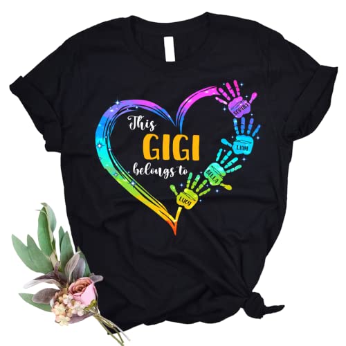 Personalized This Gigi Belongs to Heart Hand Color T-Shirt, Custom Grandma with Kids Name Shirt, Gifts for Mother's Day, Christmas, Birthday Black