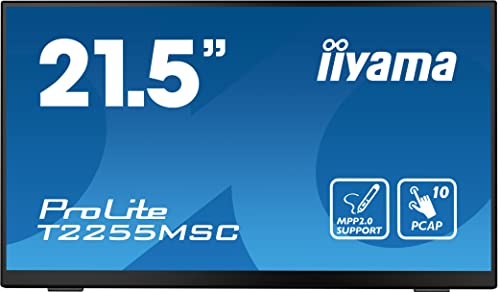 iiyama Ecran 21.5 Noir avec Verre Bord à Bord Tactile PCAP 10 Points FHD IPS 1920x1080 5ms 360cd/m² HDMI Displayport USB HUB HPs 2x3W / T2255MSC-B1