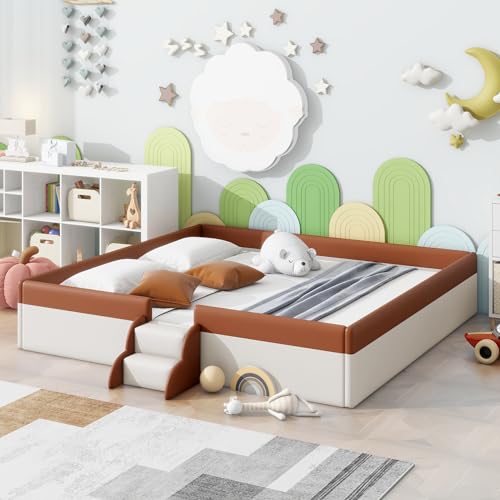 Image of HRVEOCEI King Size Floor Bed, Upholstered Montessori Floor Bed Frame with Fence and Stairs, Safety Guardrails Floor Bed Frame for Kids, Baby, Easy Assemble, No Box Spring Needed (King)