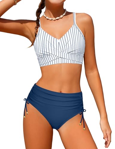 Image of Teen Girls Swimsuits V-Neck Bikini Set Bathing Suits Cross Straps Two Piece Swimwear with Drawstring