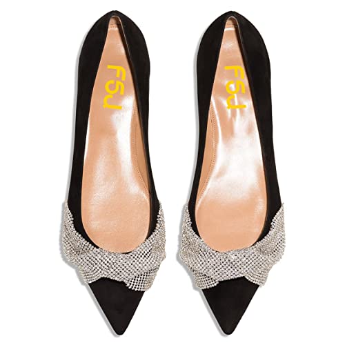 FSJ Women Classic Pointed Toe Rhinestone Sequins Bow Casual Slip on Faux Suede Comfort Low Thick Heel Walking Ballet Flat Shoes Size 4-15 US2