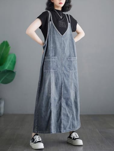 Image of ebossy Women's Sleeveless V Neck Denim Overall Jumper Dress Casual Loose Double Spaghetti Straps Midi Jean Dress