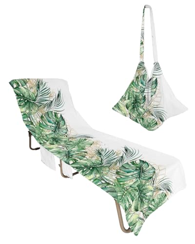Palm Tree Watercolor Beach Chair Towel Covers for Chaise Lounge with Side Pocket, Soft Plush Pool Towels Cover for Patio Sunbathing Outdoor 29''x85'' Green Golden Tropical Plants leaves