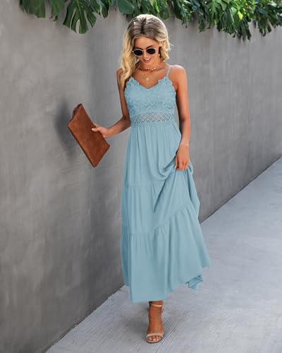 Image of Dokuritu Women's Beach Crochet Lace Maxi Dress Solid Color Summer Vacation Wedding Guest Spaghetti Strap Long Dress