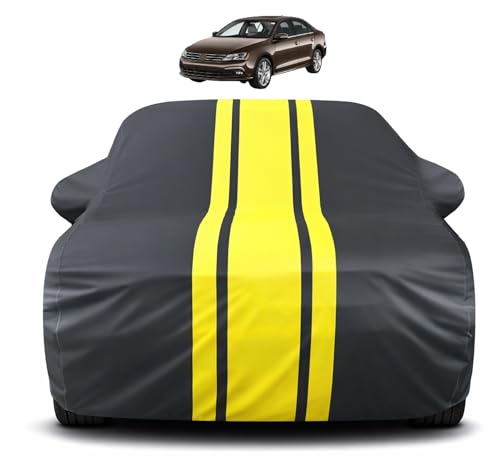 Image of Auto Hub Car Cover Compatible with Volkswagen Jetta with Mirror Pocket, Soft Cotton Lining, Jetta Car Cover Waterproof - Yellow-Black