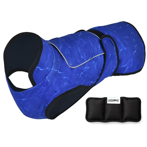 LUCOLOVE Dog Cooling Vest with Ice Pack – 2-Layer Evaporative Cooling Jacket with High Collar, UV Protection & Size-Matched Ice Pack – Cooling Vest for Dogs for Hot Weather (Blue Aqua, Small)