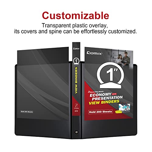 Image of COMIX Sturdy 3 Ring Binder 1 Inch with Clear View Cover | 1 inchRound Ring Design,PVC-Free Material,Holds 200 Sheets,Fits US Letter 8.5x11 Paper,Office & School,Home Use,6 Pack (Black)