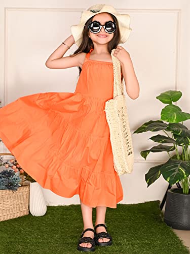 Image of LILPICKS Girls Solid Tie Up Shoulder Straps Sleeveless Fit n Flare Dress (Orange)