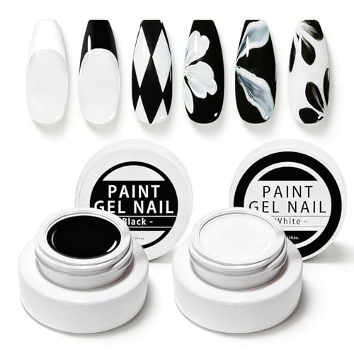 2 Jars Paint Nail Gel, White Black Gel Paint For Nails Art, Gel Polish For French Tip Tool Design For Home Salon DIY Nail Art (White&Black, M)