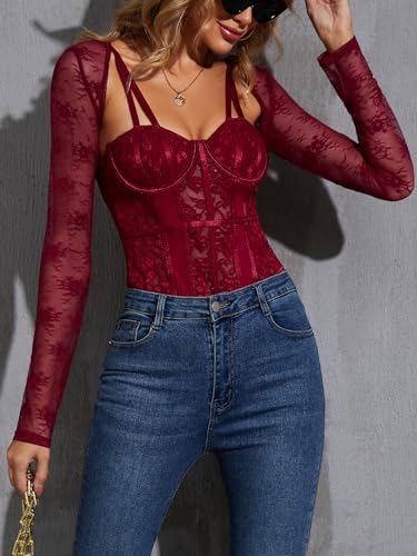 Image of JOKELAMB Women's Lace Mesh Bolero Shrug, Long Sleeve Crop Cardigan | Lace, Long Sleeve, Y2K, Floral,Adds Elegant Arm Coverage for Camisoles Dresses