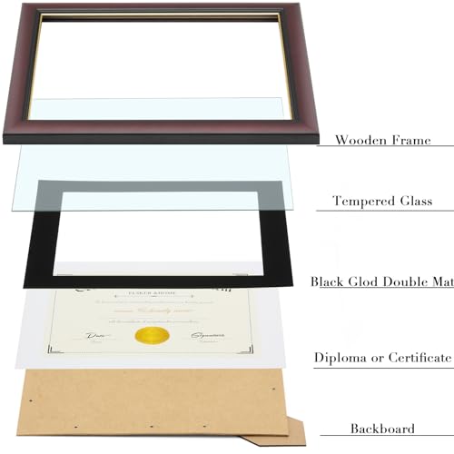 Image of ELSKER&HOME Diploma Frame - Wide Solid Wood Frame - Black Velvet Golden Rim Mat - Semi-Tempered Glass - Includes Hanging Hardware and Desktop Easel(ONLY Display 11x14 Document /Certificate) | Document Frames 11x14 with Mat or Certificate 15x18 without Mat Wide Molding Semi-Tempered Glass (Black with Golden Rim)