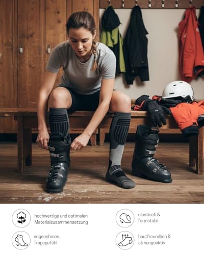 sockenkauf24 Damen Merino Skisocken 39-42 (2 Paar) Thermo Winter Kniestrümpfe mit Polsterung für Ski und Snowboard (Schwarz)