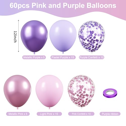 Image of KBZVNAF Pink and Purple Latex Balloons - 60 Pack 12 inch Metallic Purple Pink Balloon Confetti Ballons for Wedding Girls Birthday Baby Shower Party Decorations