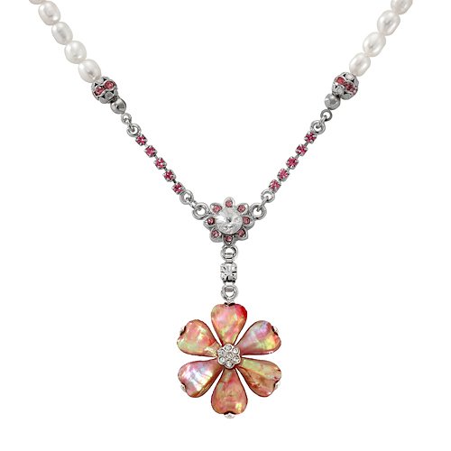 Antique AliveMother of Pearl Pink Cosmos Flower Design Colorful Dark Green Shell 5mm Natural Freshwater White Pearl Chain Pendant Necklace