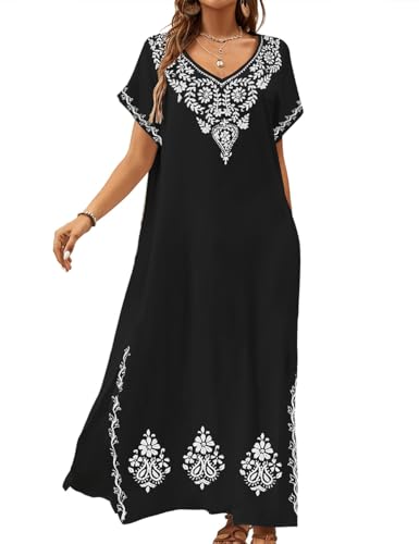 Bsubseach Mujer Maxi Vestido de Playa Kaftan con Cuello en V Traje de baño Cubierta Bordado Cover Ups Vacaciones Negro