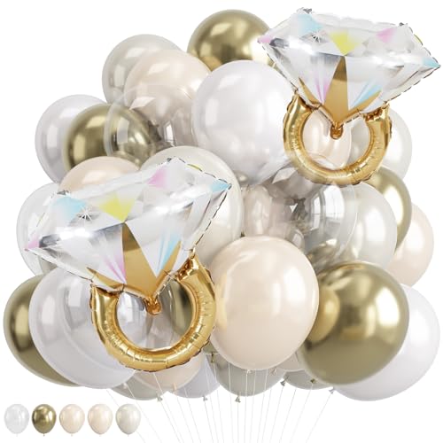 Gold and White Diamond Ring Balloons Pearl White Beige Gold Double Latex Balloons with Big Ring Foil Balloon Set for Boho Engagement Bridal Shower Wedding She Said Yes Bachelorette Party Decorations