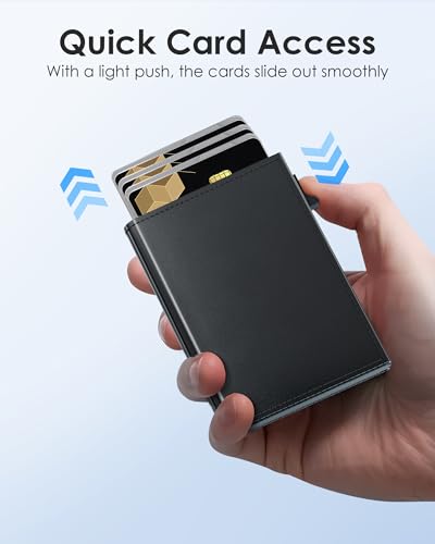 Image of QLD Mens Wallet Card Holder - RFID Blocking Wallet for Men, Pop Up Aluminum Case, Trifold, Leather, Smart, Slim, Minimalist, Front Pocket - 9-11 Card Capacity | ID Window | Cash Slot