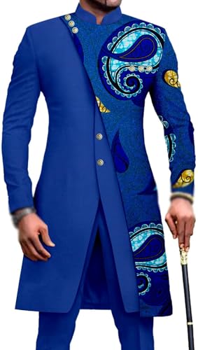 Men's African Formal Clothes 2 Pieces Set Traditional Dashiki Outfits Top Shirt and Pants Ethnic Suit for Wedding Evening