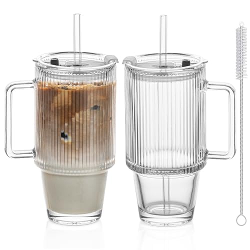KEMORELA 2er-Set 710ml Premium Rillengläser mit Deckel & Strohhalm - Kaffeebecher, Saftgläser, Smoothiegläser & Wassergläser mit extra weitem Rand, bleifrei und spülmaschinengeeignet
