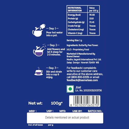 Image of TE-A-ME Butterfly Pea Flower Tea | Blue Pea Tea | 100gm (100+ Cups) | SUPER ANTIOXIDANT | Caffeine Free | Aparajita - Shankhpushpi | Flower Based - Herbal | Helps Relieve Stress
