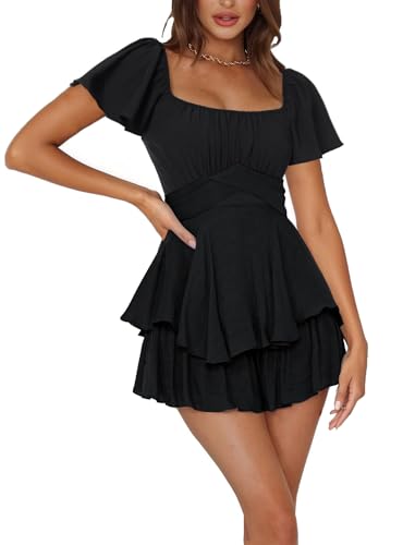 Image of Rooscier Women's Jumpsuit Short Sleeve Ruffle Layer Square Neck Tie Mini Short Rompers
