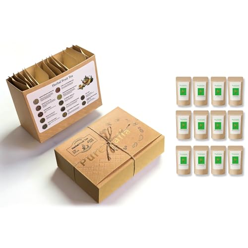 Pureleafia Herbal Fruit Tea Gift Set - 12 Artisan Flavors, 15g Loose Leaf Pouches, Hot & Cold Brew, Sugar-Free, High Concentration 5g for 2L Pitcher, Ideal for Family Travel & Holiday Gift