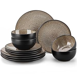 vancasso Bubble Plates and Bowls Sets – 12 Piece Dinnerware Sets Service for 4, Reactive Glaze Stoneware Tableware Set, Microwave, Dishwasher, Oven Safe (Brown)