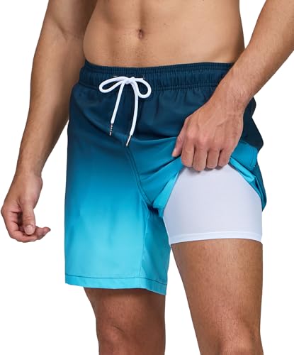 Image of Mens Swim Trunks Compression Liner No Mesh Swimming Trunks Men Swimwear Quick Dry Above Knee Zipper Pocket Swim Shorts