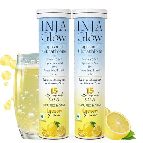 Image of INJA Glow Liposomal Glutathione with Vitamin C & E,Hyaluronic Acid,Zinc,Biotin & Grape Seed Extract, Reduces Dark Spots,Enhances Skin Glow & Collagen,Lemon Flavour,1 count,15 capsules (Pack of 2)