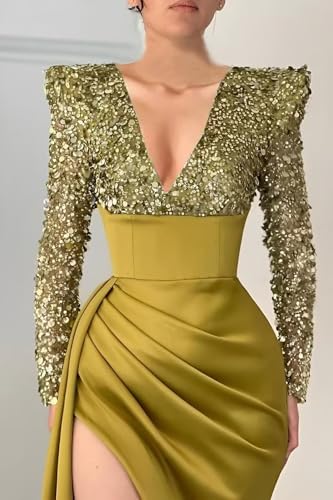 Long Sleeve Prom Dress for Women Sequin Satin V Neck Mermaid Formal Evening Gowns with Slit BOF1564