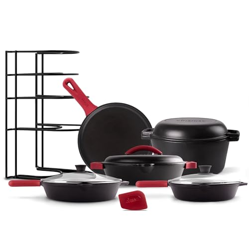 Image of Cuisinel Cast Iron 17-Piece Preseasoned Cookware Set - 8 inch+10 inch Skillets + Lids + 5-Quart Dutch Oven + 12 inch Braiser with Cast Iron Lid + Round Griddle + 15 inch Organizer Rack + Pan Scraper + Silicone Handle