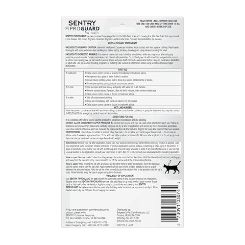 Sentry Fiproguard Flea & Tick Cats 1.5 lbs+, Fipronil, 6-Month | Ideal for Cats & Kittens 1.5 lbs+; Kills Fleas, Ticks & Chewing Lice for 30 Days; 6-month supply; Vet-Quality OTC Cat Formula - Image 7