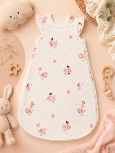 Image of TuddyBuddy Baby Cotton Wearable Quilted Sleeping Bag Blanket 1.5 Tog with 1 Way Zipper Closure | Ideal for Babies & Kids Hypoallergenic Fabrics | (Pink Angel - Frill Sleeves - Off White, 2-3 Years)