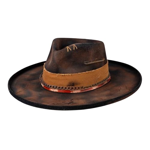 Image of RUEDIGER Vintage Pencil Brim Fedora Hats 100% Wool Felt Hat Panama Rancher Hat with Lightning Logo Handmade Distressed /Burned