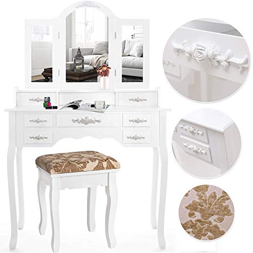 Preisvergleich Produktbild KESSER® Schminktisch luxuriös Weiß Kosmetiktisch Frisierkommode Spiegel Schubladen Hocker / Schminkspiegel / Frisiertisch Rosen / Farbe: Weiß