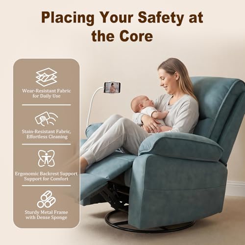 Image of 360 Swivel Glider Rocking Chair Nursery， Oversized Recliner with Phone Holder，Nursing Chairs for Breastfeeding with Wide Foot Rest for Living Room and Baby Room,Blue
