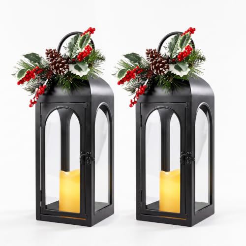 Bdor 16 Inch Black Metal Christmas Lanterns Set of 2 with Remote and Timer
