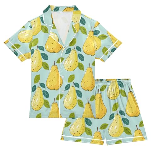 ALAZA Pear Cartoon Leaves Pajamas Satin Pajama Set Short Sleeve Button Down Sleepwear
