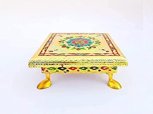 Chowki de madera tallada Meenakari, mesa baja multicolor artesanal e hindú 2