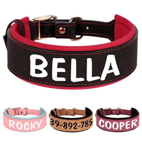 Breites Leder-Hundehalsband mit individueller Gravur, personalisierbar, für Ausweis, Name, Telefonnummer, gepolstertes Haustierhalsband für Französische Bulldogge, Labrador, Deutscher Schäferhund,